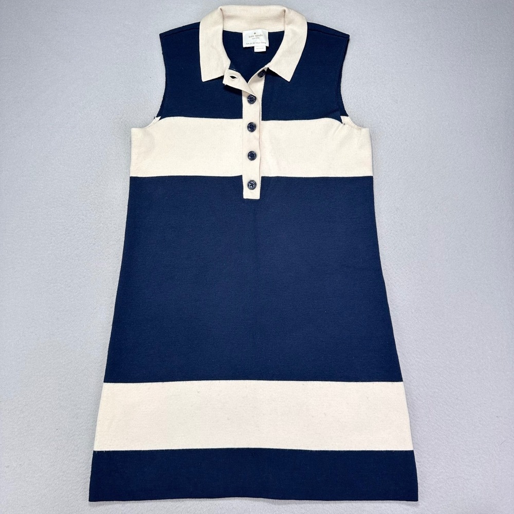 Kate Spade Sweater Shift Dress Womens M Navy Blue Cream 100% Wool Preppy Career